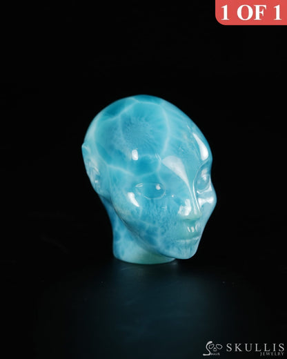 1.4’’ Larimar Hand Carved Gem Elf Skullis Realistic - 9900532 - Tiny Gemstone Skull