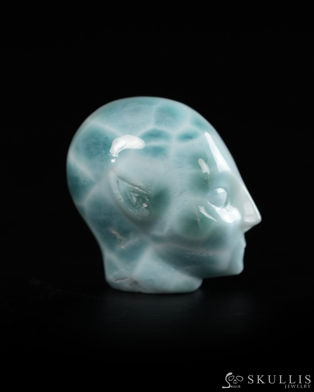 1.1’’ Larimar Hand Carved Gem Elf Skullis Realistic - 9900360 - Tiny Gemstone Skull