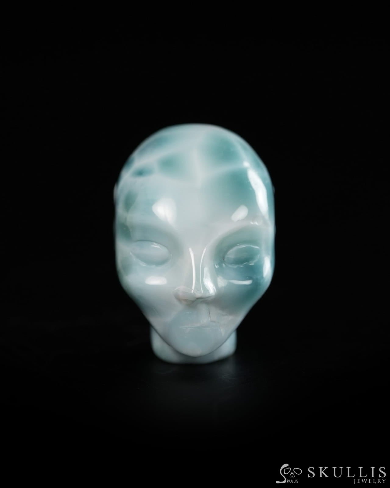 1.1’’ Larimar Hand Carved Gem Elf Skullis Realistic - 9900360 - Tiny Gemstone Skull