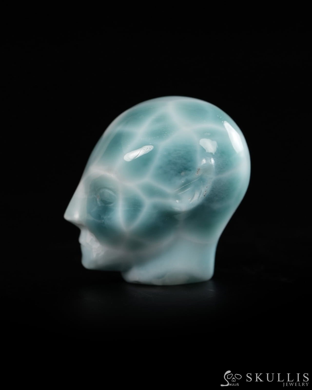 1.1’’ Larimar Hand Carved Gem Elf Skullis Realistic - 9900360 - Tiny Gemstone Skull