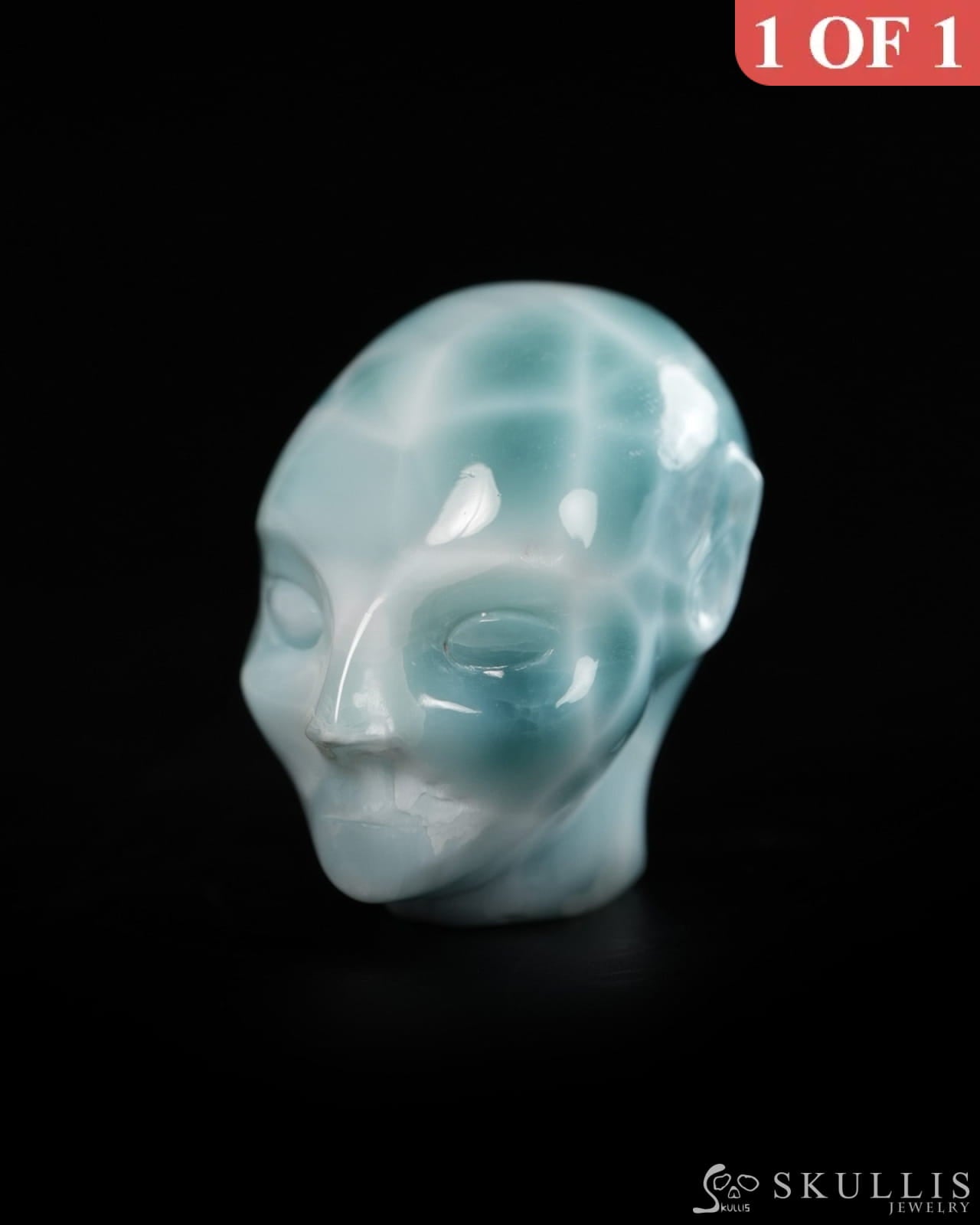 1.1’’ Larimar Hand Carved Gem Elf Skullis Realistic - 9900360 - Tiny Gemstone Skull