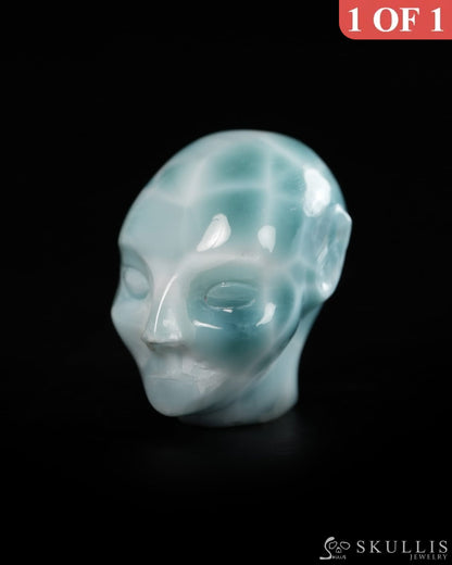 1.1’’ Larimar Hand Carved Gem Elf Skullis Realistic - 9900360 - Tiny Gemstone Skull