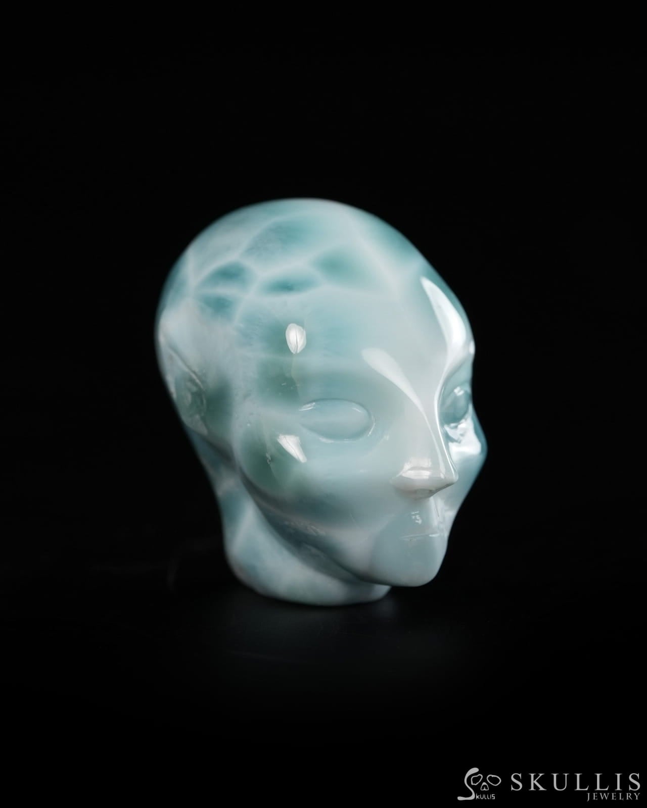 1.1’’ Larimar Hand Carved Gem Elf Skullis Realistic - 9900360 - Tiny Gemstone Skull