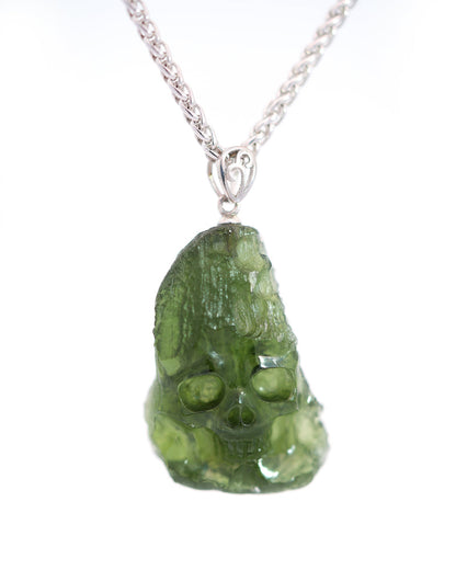 Skullis Signature Moldavite Gem Skull Pendant Or Necklace Hand Carved Sterling Silver 925 Chain For