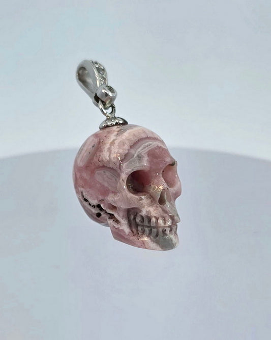 Gem Skull Pendant Necklace of Rhodochrosite Carved Skull with Silver Bail in Sterling Silver