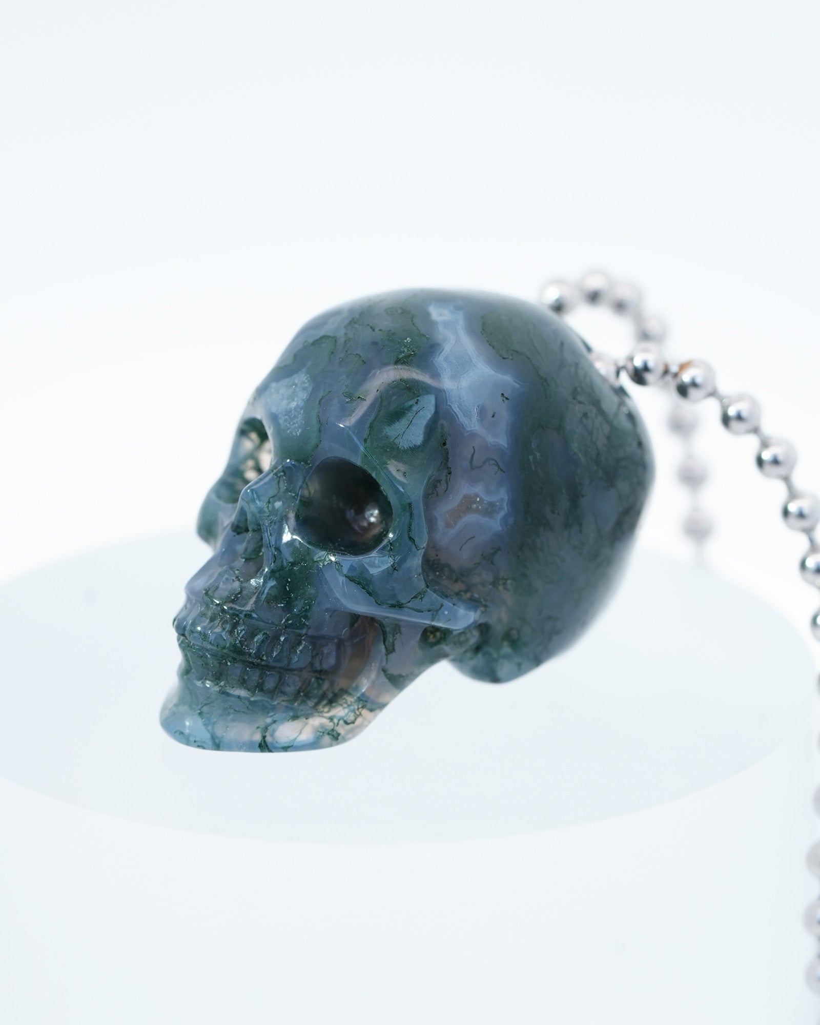 Gem Skull Pendant Necklace of Green Moss Agate Carved Hollow Skull with 925 Sterling Silver Chain - 4814084 Skull
