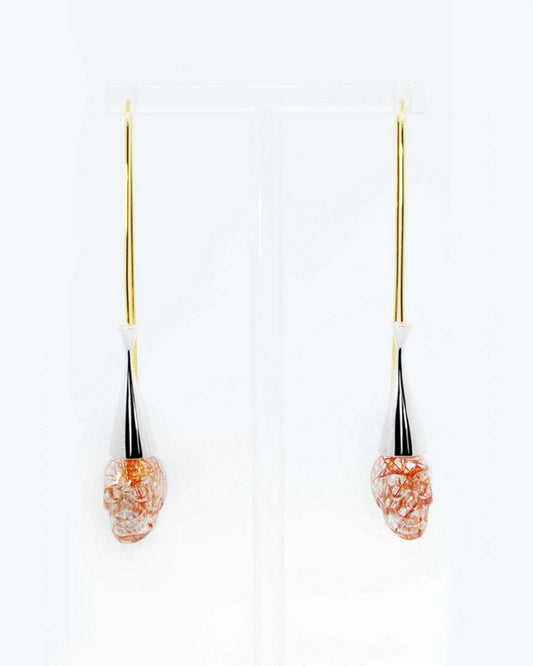 The Sovereign Spire - Gem Skull Earrings of Rutilated Quartz Rock Crystal Carved Skull, 925 Sterling Silver - 9500195