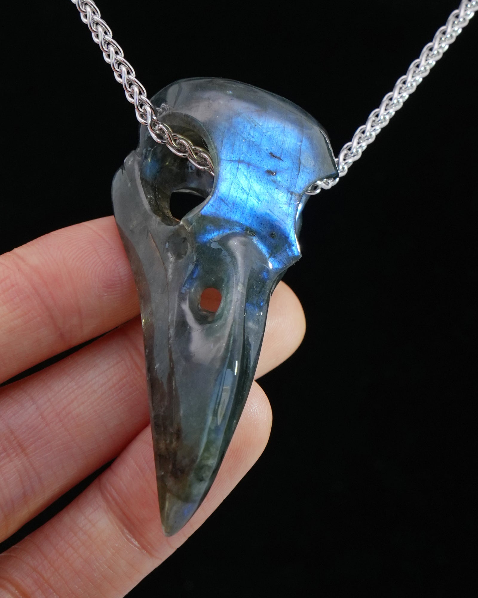Gem Raven Skull Pendant Necklace of Labradorite Carved Raven Skull - 9800168 Skull Pendants