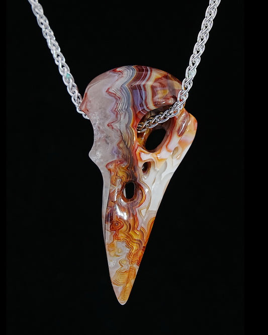 Gem Raven Skull Pendant Necklace of Red Crazy Lace Agate Carved Raven Skull - 9800176