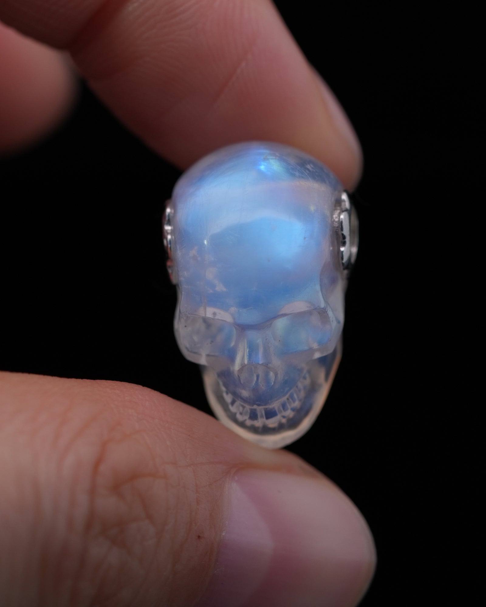 Skullis Signature Moonstone Gem Skull Pendant or Necklace Hand Carved Sterling Silver 925 Chain for Women & Men