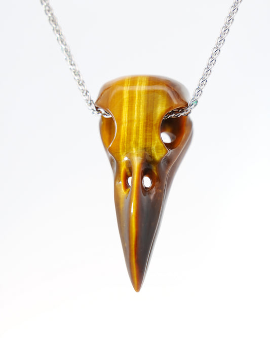 Flash Gem Raven Skull Pendant Necklace of Gold Tiger's Eye Crystal Raven Pendant - 9800180