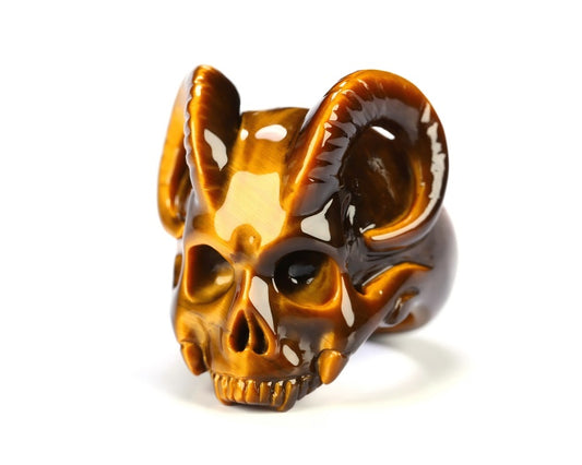 Gem Skull Ring of Gold Tiger's Eye Carved Beast Skull, US size 8 - 9800282