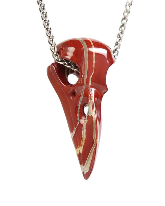 Night Pathfinder - Gem Raven Skull Pendant Necklace of Red Jasper Carved Raven Skull - ZR19900043