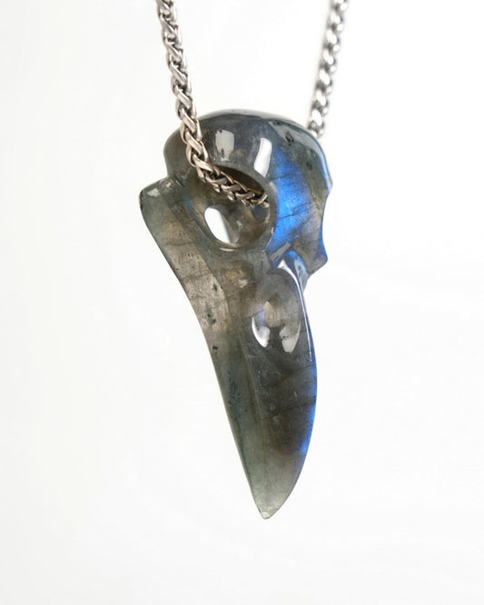 Night Pathfinder - Gem Raven Skull Pendant Necklace of Labradorite Carved Raven Skull - ZR19900044