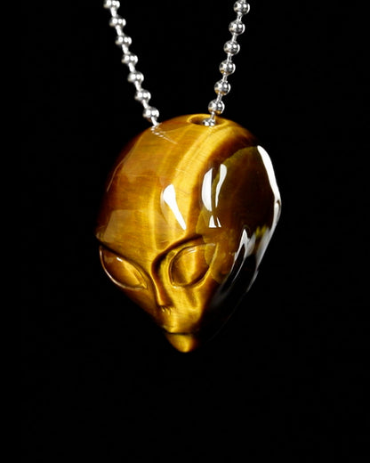 Gem Skull Pendant Necklace of Gold Tiger's Eye Carved Hollow Alien with 925 Sterling Silver Chain - 9900193