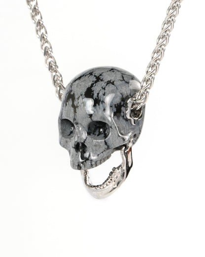Gem Skull Pendant Necklace of Snowflake Obsidian Hand Carved Skull with Movable Jaw in 925 Sterling Silver - ZR19900270