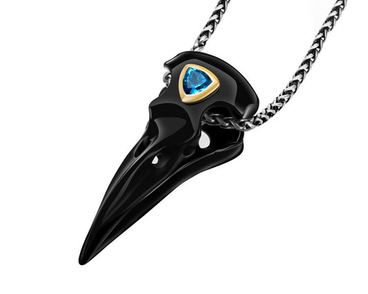 Gem Raven Pendant Necklace of Black Obsidian Crystal Raven with Blue Sky Topaz Eye