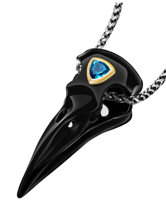 Gem Raven Pendant Necklace of Black Obsidian Crystal Raven with Blue Sky Topaz Eye