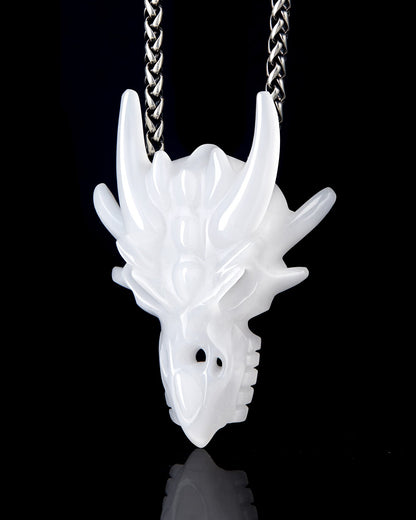 Gem Skull Pendant Necklace of White Jade Carved Dragon Skull Skull Pendants