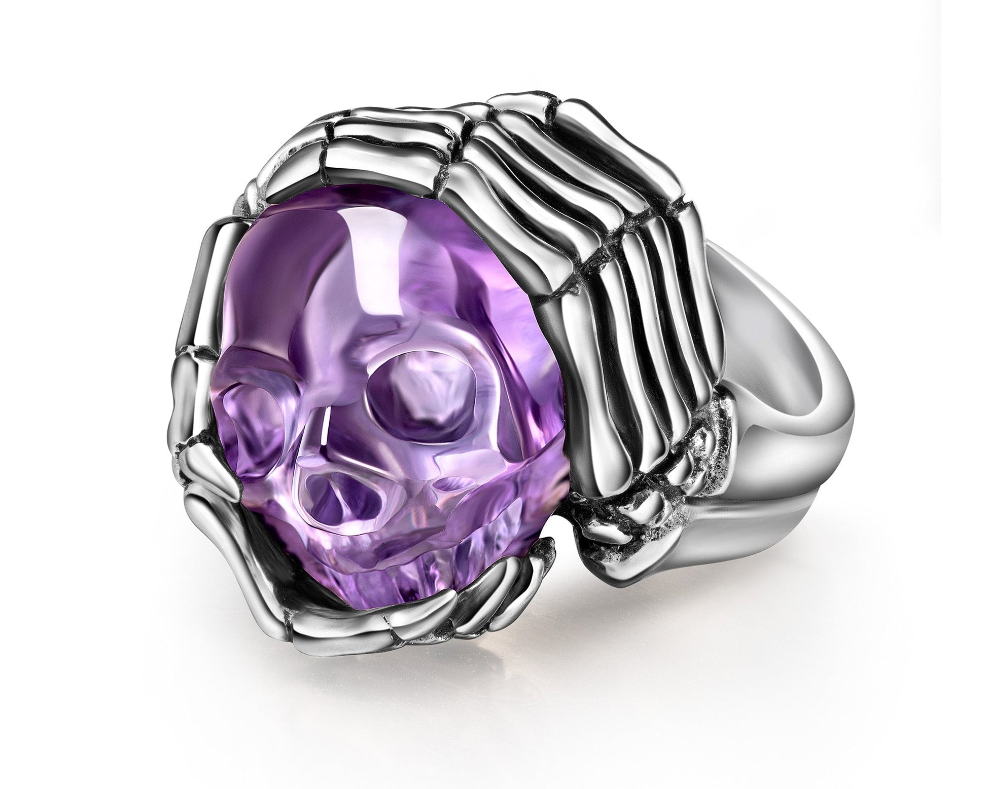 Gem Skull Ring Of Amethyst Carved Skull With Skeletal Hands In 925 Sterling Silver Skull Rings