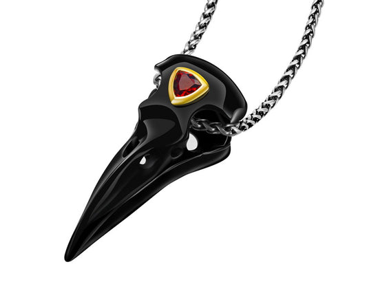 Gem Raven Pendant Necklace of Black Obsidian Carved Raven with Garnet Eye in 925 Sterling Silver