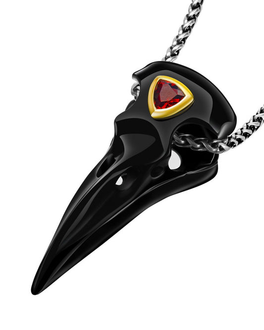 Gem Raven Pendant Necklace of Black Obsidian Carved Raven with Garnet Eye in 925 Sterling Silver