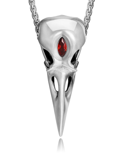 Raven Skull Pendant Necklace of 925 Sterling Silver with Garnet Inlay