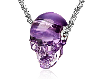 Skullis Signature Amethyst Gem Skull Pendant or Necklace Hand Carved Sterling Silver 925 Chain for Women & Men Skull