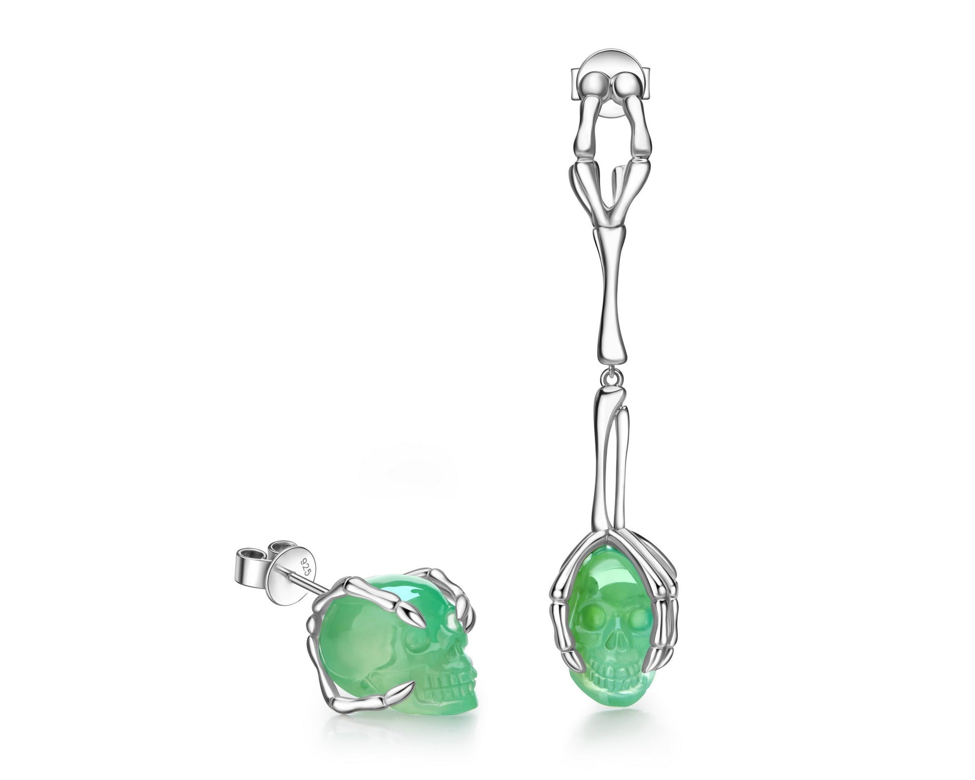 Gem Skull Earrings Of Chrysoprase Carved In 925 Sterling Silver