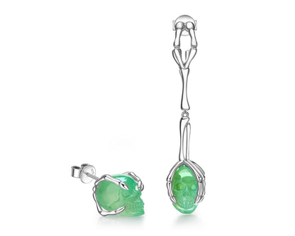 Gem Skull Earrings Of Chrysoprase Carved In 925 Sterling Silver