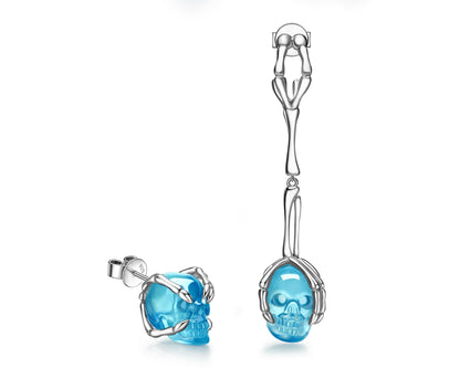 Gem Skull Earrings Of Aquamarine Carved In 925 Sterling Silver