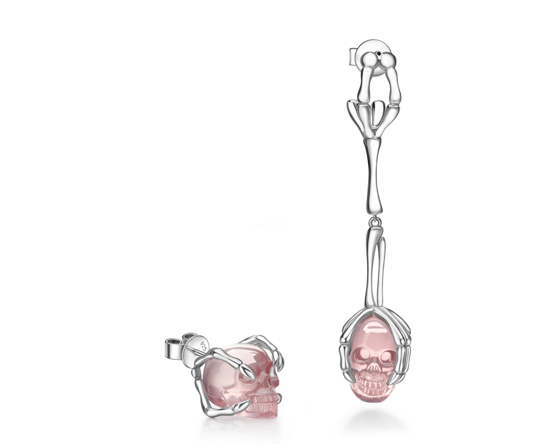 Gem Skull Earrings Of Rose Quartz Carved In 925 Sterling Silver