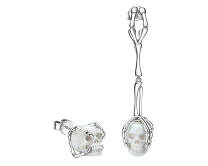 Gem Skull Earrings Of White Jasper Carved In 925 Sterling Silver Rings