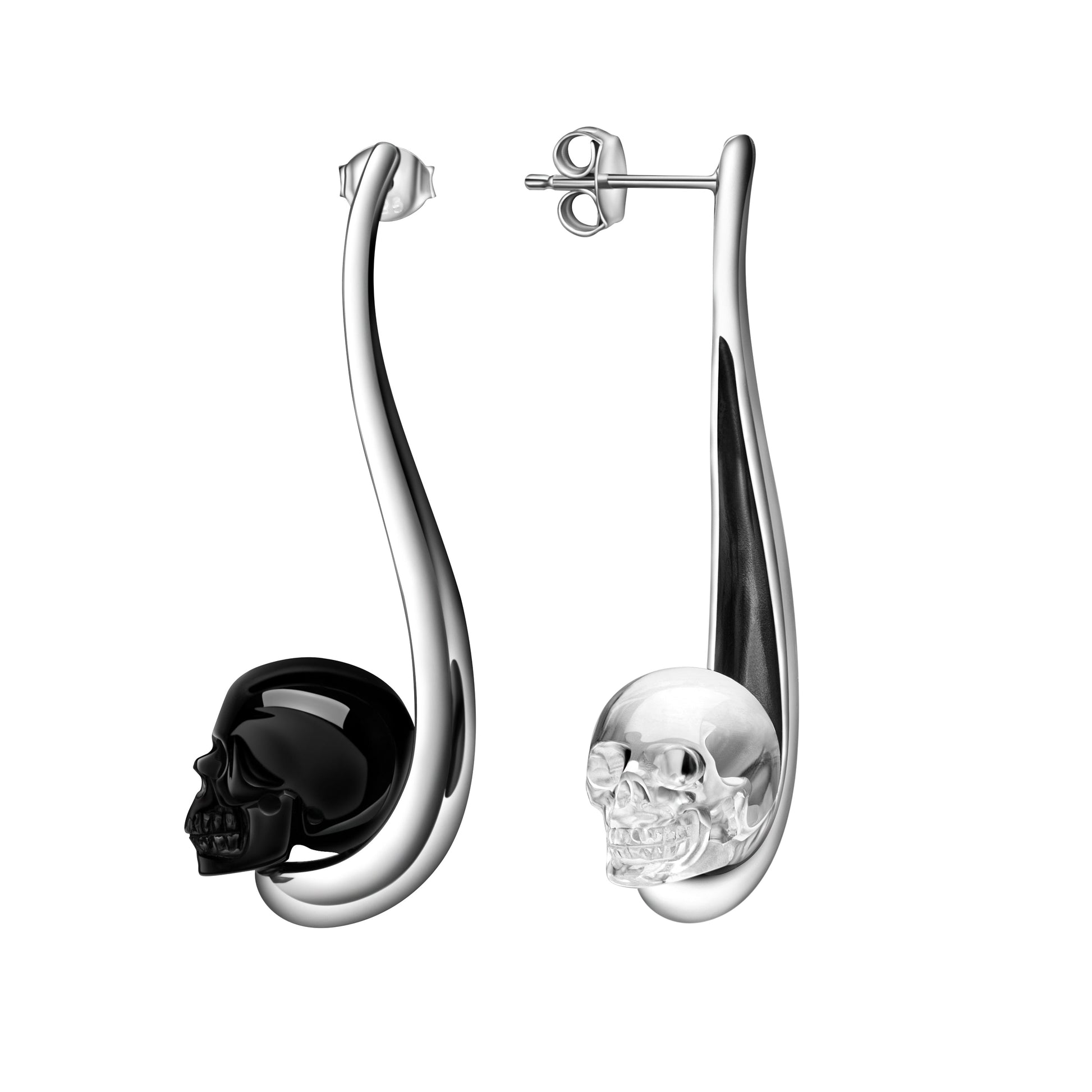 Gem Skull Earrings Of Black Obsidian & Quartz Rock
