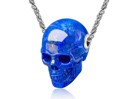 Gem Skull Pendant Necklace Of Lapis Lazuli Carved Skull In Blackened Sterling Silver Pendant
