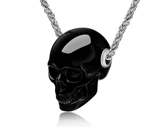 Skullis Signature Black Obsidian Gem Skull Pendant or Necklace, Hand Carved, Sterling Silver .925 Chain, for Women & Men