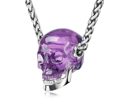 Gem Skull Pendant Necklace of  Amethyst Crystal Carved Skull with Detachable Silver Jaw in Sterling Silver