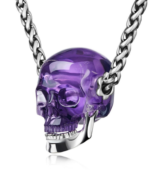 Gem Skull Pendant Necklace of  Amethyst Crystal Carved Skull with Detachable Silver Jaw in Sterling Silver