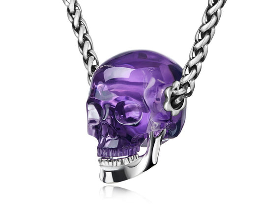 Gem Skull Pendant Necklace of  Amethyst Crystal Carved Skull with Detachable Silver Jaw in Sterling Silver