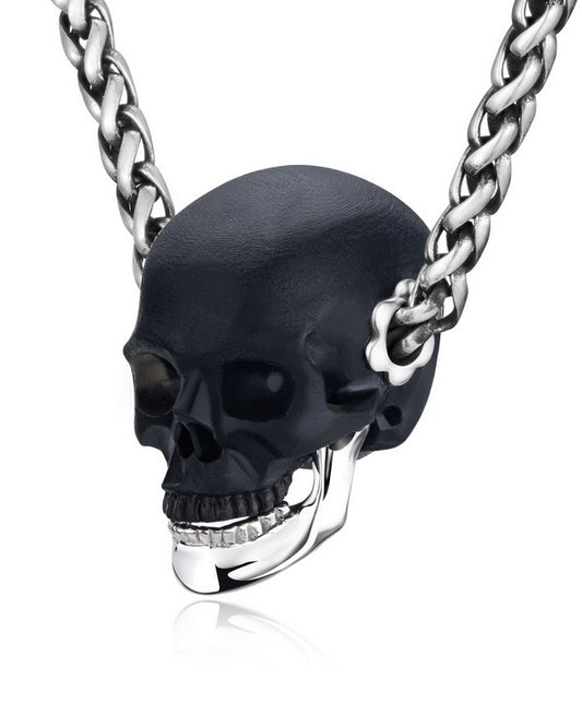 Gem Skull Pendant Necklace of  Frosted Black Obsidian Crystal Carved Skull with Detachable Silver Jaw in Sterling Silver