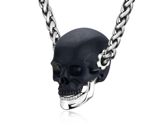 Gem Skull Pendant Necklace of  Frosted Black Obsidian Crystal Carved Skull with Detachable Silver Jaw in Sterling Silver