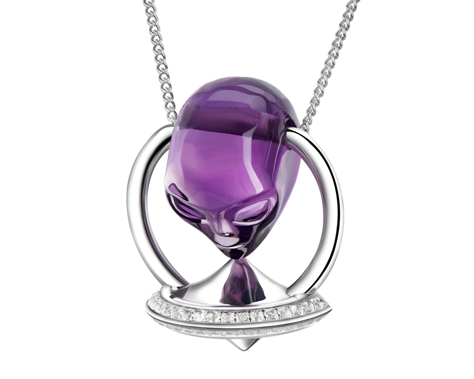 Gem Skull Pendant Necklace Of Amethyst Carved Alien In 925 Silver Ufo Pendants