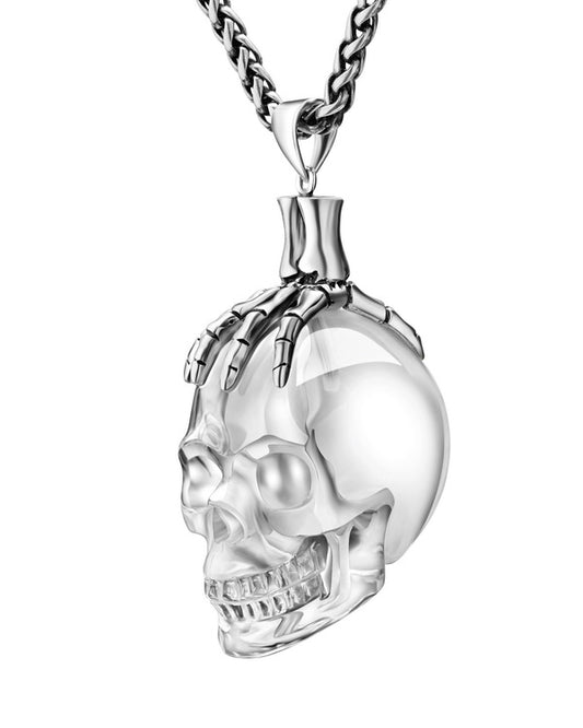 Gem Skull Pendant Necklace of Quartz Rock Crystal Carved Skull with Skeleton Hand in 925 Sterling Silver