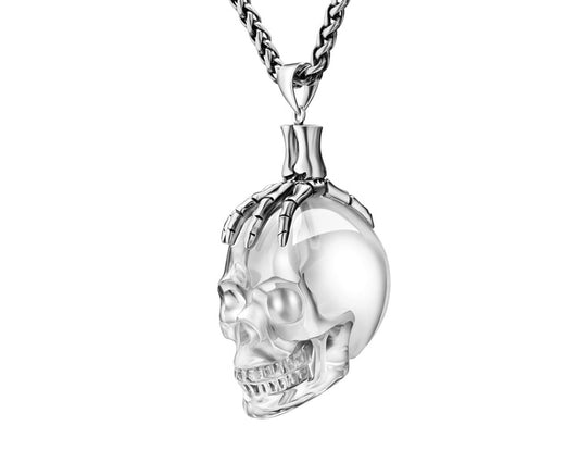 Gem Skull Pendant Necklace of Quartz Rock Crystal Carved Skull with Skeleton Hand in 925 Sterling Silver