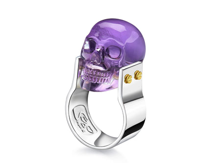 Gem Skull Ring of Amethyst Carved Skull in 925 Sterling Silver