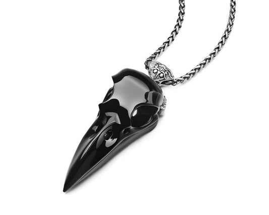 Gem Raven Pendant Necklace of Black Obsidian Carved Raven with Sword Necklace