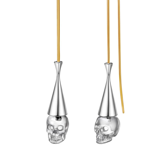 The Sovereign Spire - Gem Skull Earrings of Quartz Rock Crystal Carved Skull in 925 Sterling Silver