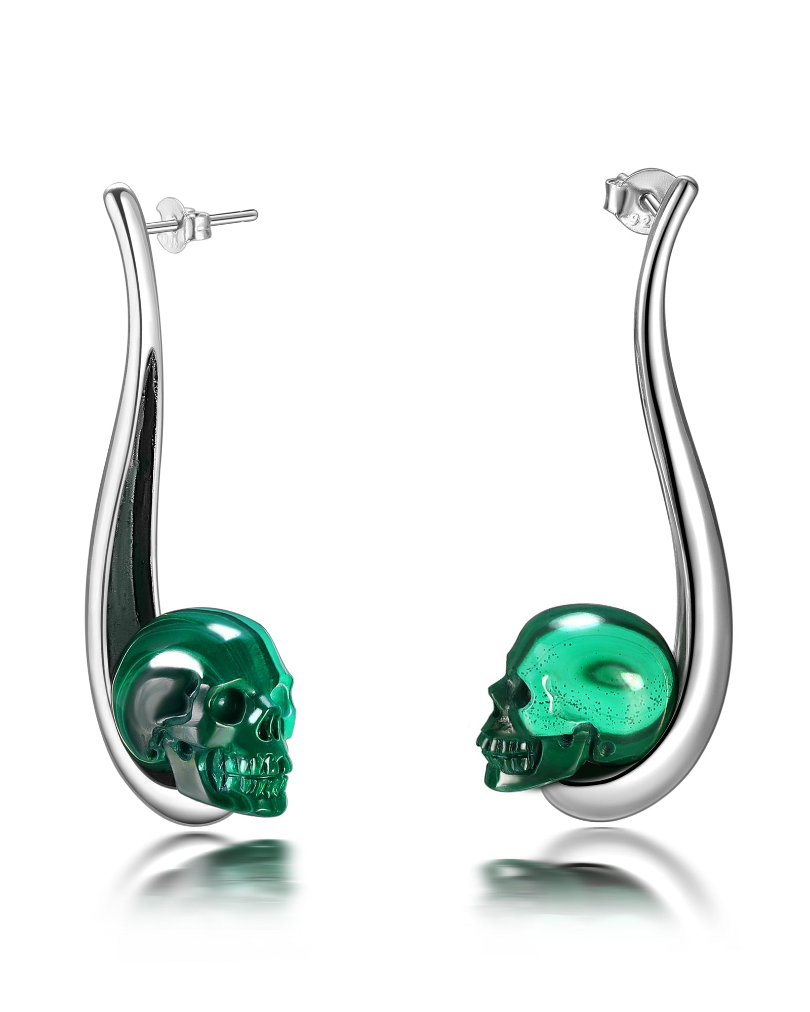 Gem Skull Earrings Of Malachite Carved Skull In 925 Sterling Silver Skull