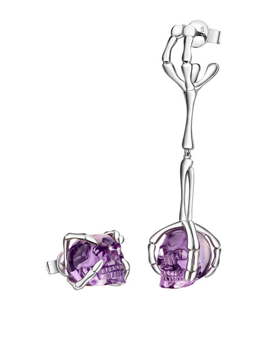 Gem Skull Earrings of Amethyst Carved Skull in 925 Sterling Silver