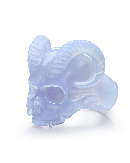 Gem Skull Ring of Blue Chalcedony Carved Skull